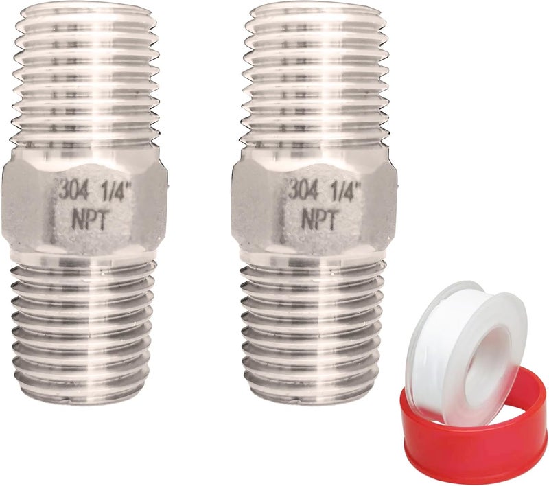 POTONZ 1/4" Male x 1/4" Male NPT Threaded Hex Nipple Pipe Fittings 304 Stainless Steel Pipe Adapter Fittings Equal Nipples Connectors With Teflon Plumbers Tape (Pack of 2) - Image 1